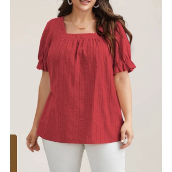 BLOOMCHIC 14-16 1X Plus Red Cotton Square Neck Ruffled Sleeve Shirt Blouse B26 - Picture 1 of 9